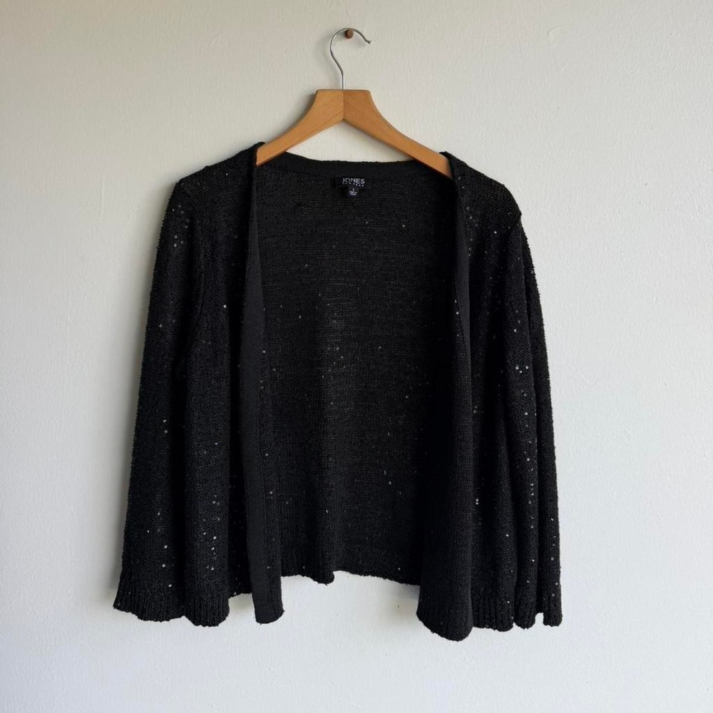 Jones New York minimalist black cardigan with subtle sequin sparkle.